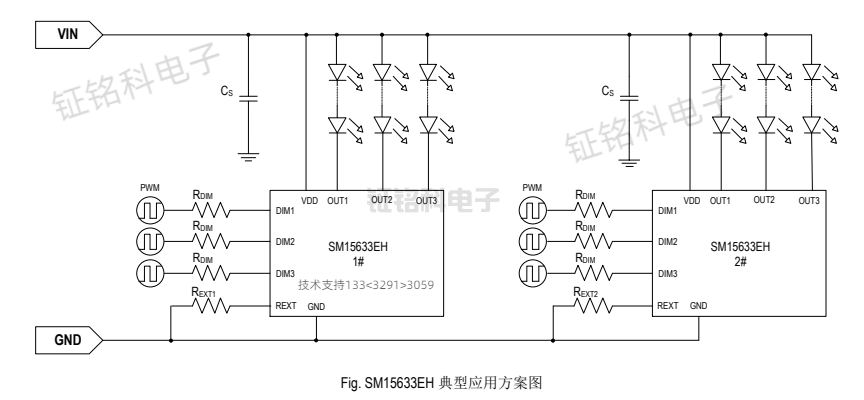SM15633EK/EH/SM15155E如何选择合适的低压线性恒流驱动芯片?(图2) SM15633EH典型应用.png