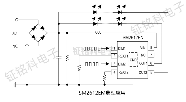 双通道PWM TO模拟高压线性恒流芯片SM2612EN (图1) SM2612EN典型应用1.png