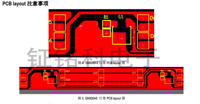 新品型号高压灯带恒流芯片SM500A6产品的系统方案设计应用(图1) SM500A6 PCB灯带图.jpg