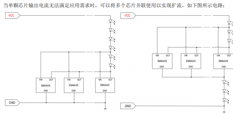 CYT升级版低压线性恒流灯带方案SM4AXXT系列高光效流明度(图4) SM4AXXd低压灯带恒流芯片并联应用图