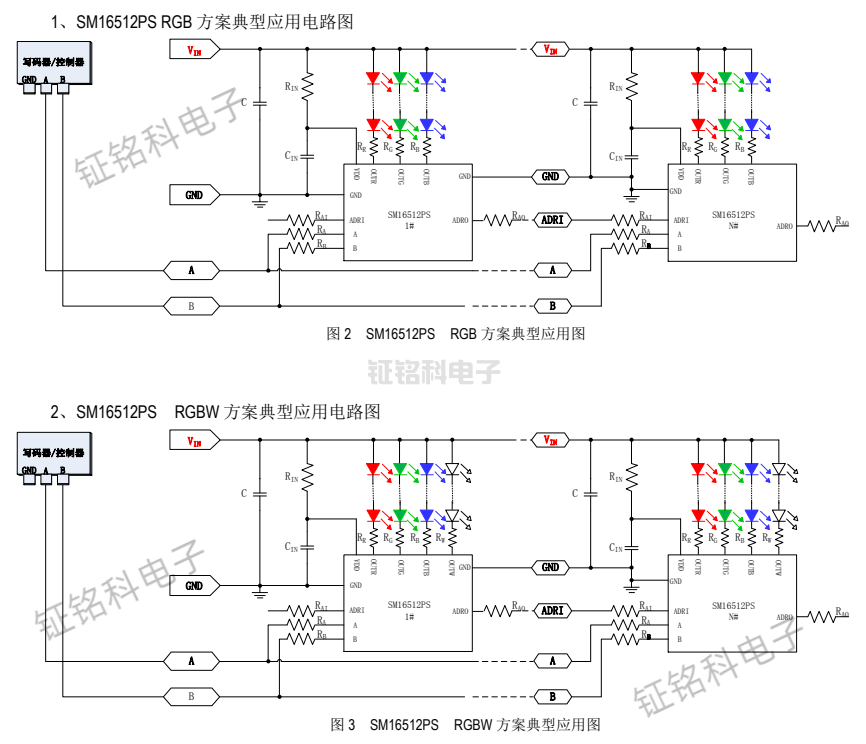 DMX512差分并联驱动芯片SM17500P、SM18500P/PS、SM16512P/PK/PS(图2) SM16512PS RGB 方案典型应用图.png