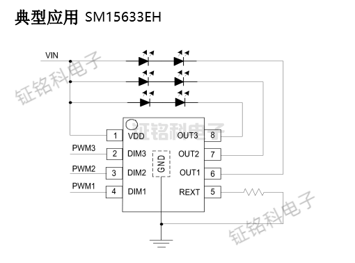 三通道PWM调光60V低压线性恒流芯片SM15633EH详解(图2) SM15633EH-典型应用.png