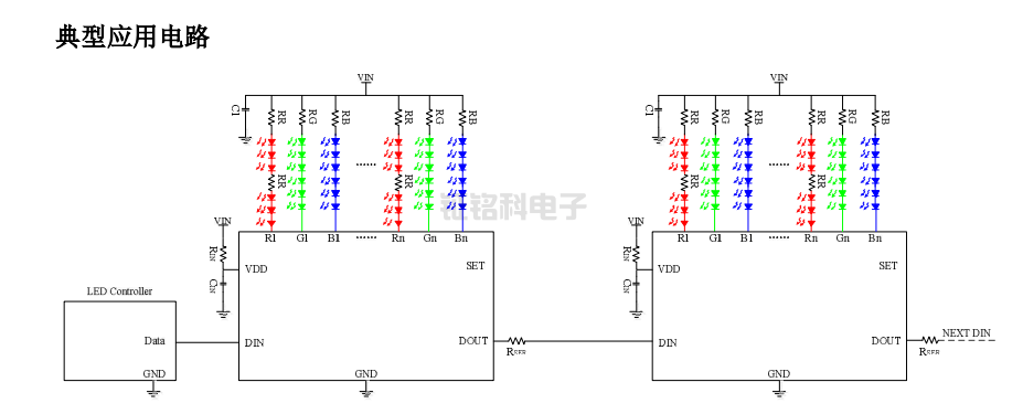 SM16709P单线传输9通道LED驱动控制专用芯片 输出恒流值17mA(图1) SM16709P典型应用电路.png