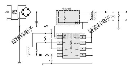 SM7503P原边控制芯片:解锁 85Vac - 265Vac 小功率电源芯片(图1) SM7503P典型应用.jpg