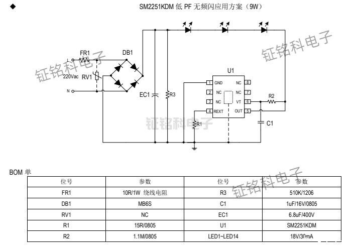 SM2251KDM:重塑 LED 照明驱动方案,以硬核技术破解行业痛点(图1) SM2251KDM 低 PF 无频闪应用方案(9W).jpg